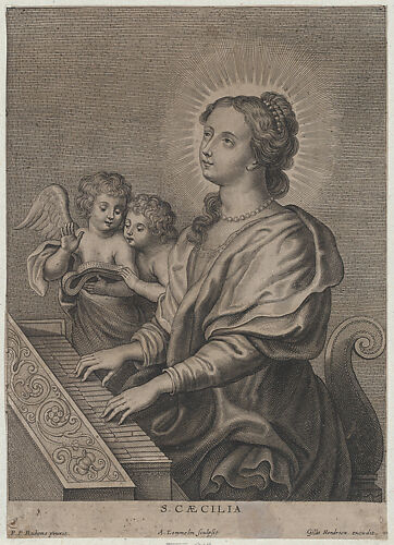 Saint Cecilia playing the organ with two putti at left