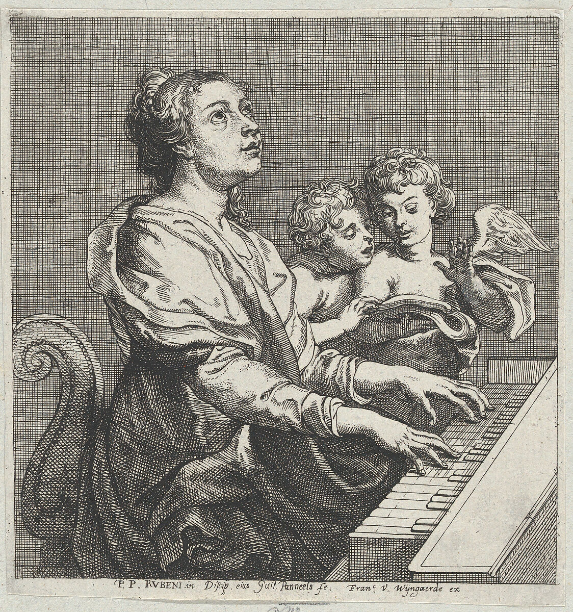 Saint Cecilia playing the organ with two putti at right, Willem Panneels (Flemish, ca. 1600–after 1632), Etching; second state of two 