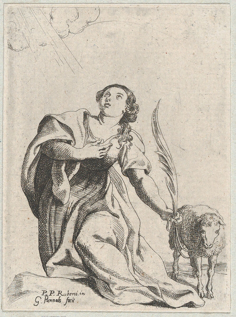 Saint Agnes, holding a palm leaf and a tethered lamb, Willem Panneels (Flemish, ca. 1600–after 1632), Etching; second state of two (Hollstein) 