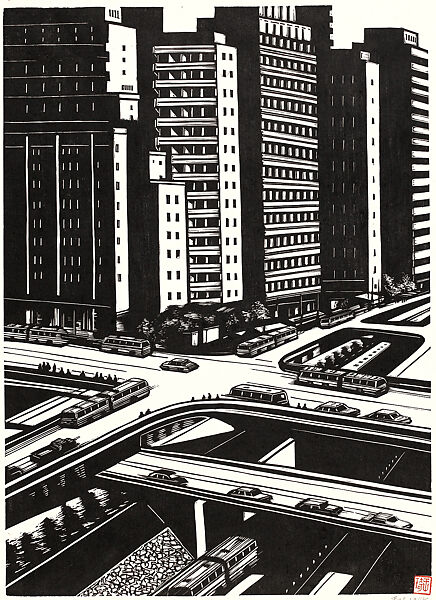 Rhythm of the Street, from the series Life in the Big City, Wang Qi (Chinese, born 1918), Woodblock print; oil-based ink on paper, China 