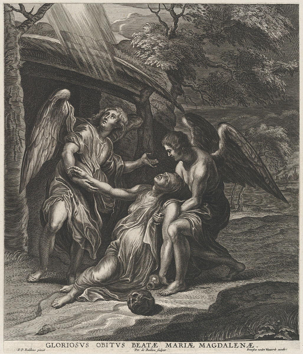 Saint Mary Magdalene in ecstasy, supported by two angels, Pieter de Bailliu (Flemish, born Antwerp, 1613), Engraving; first state of two 