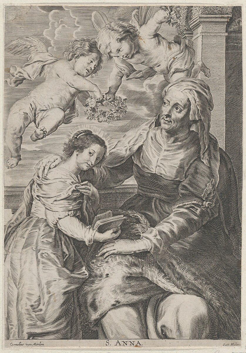 The education of the Virgin, with Saint Anne and the Virgin Mary reading with two putti overhead and Saint Joachim behind them at left, Anonymous, Etching and engraving; reverse copy 