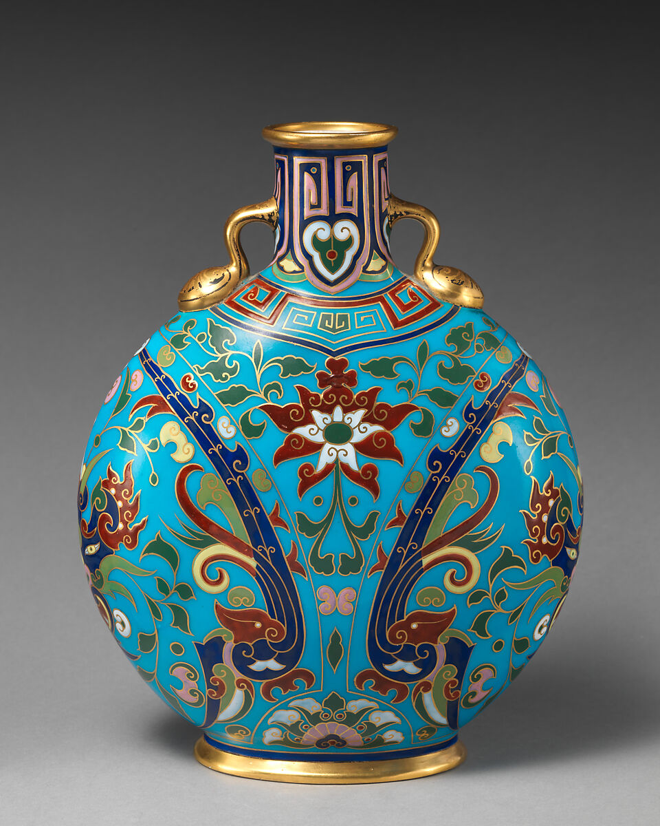 Moon flask with Islamicizing floral motifs, Minton(s) (British, Stoke-on-Trent, 1793–present), Bone china with enamel decoration and gilding, British, Stoke-on-Trent, Staffordshire 