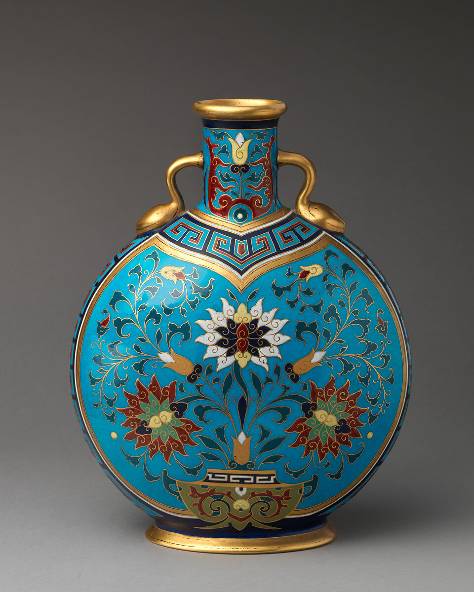 Moon flask with "cloisonné" floral decoration, Minton(s) (British, Stoke-on-Trent, 1793–present), Bone china with enamel decoration and gilding, British, Stoke-on-Trent, Staffordshire 
