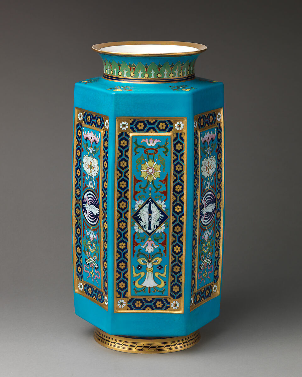 Hexagonal vase with cloisonné decoration, Minton(s) (British, Stoke-on-Trent, 1793–present), Bone china, British, Stoke-on-Trent, Staffordshire 