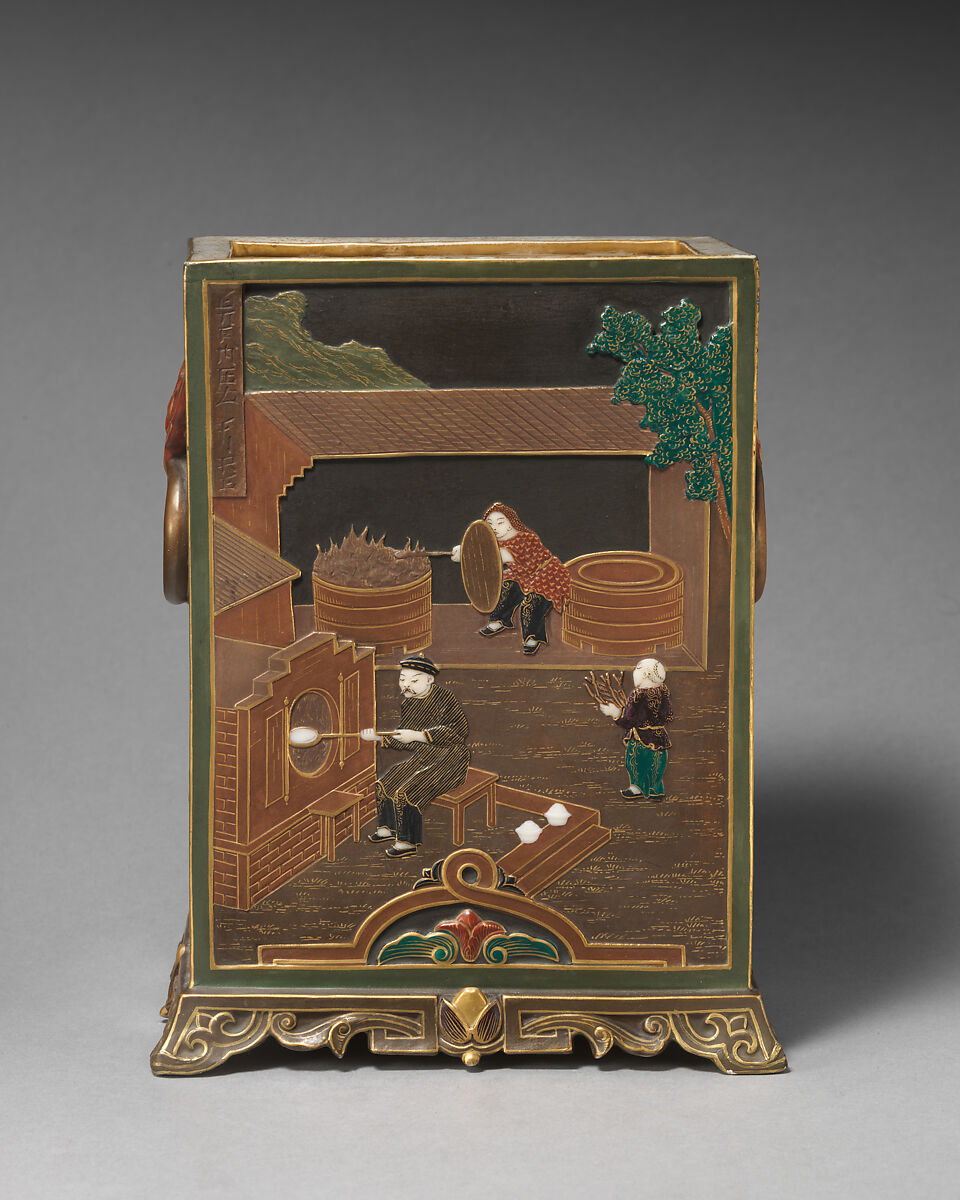 Rectangular vase with porcelain-making scenes ("the oven for burning clay" and "the painting of the wares"), Worcester factory (British, 1751–2008), Bone china ("ivory porcelain") with enamel decoration and gilding, British, Worcester 