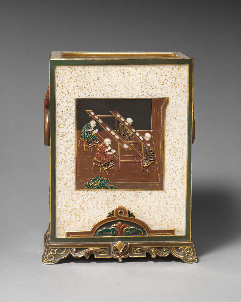 Rectangular vase with porcelain-making scenes ("the oven for burning clay" and "the painting of the wares"), Worcester factory (British, 1751–2008), Bone china ("ivory porcelain") with enamel decoration and gilding, British, Worcester