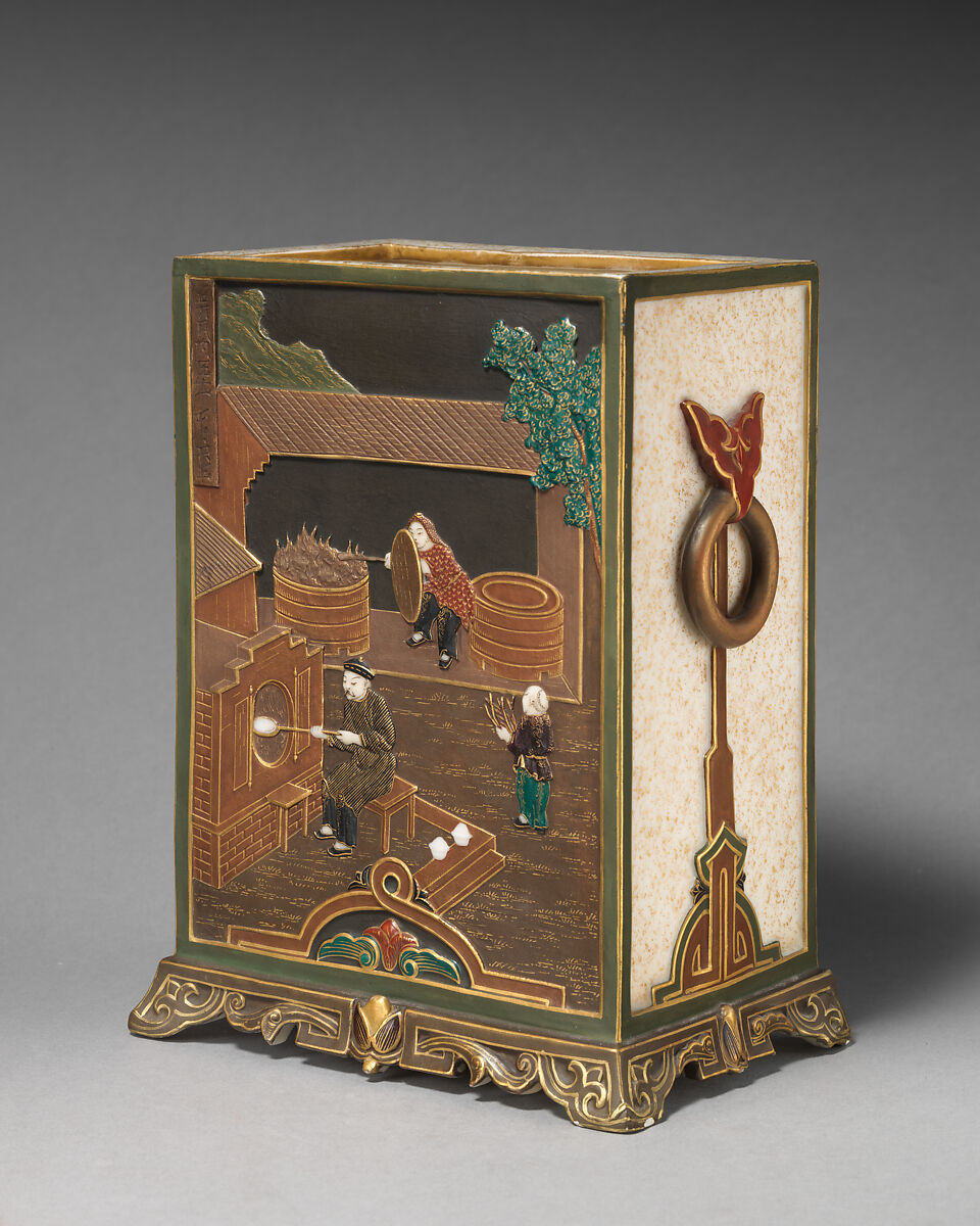 Rectangular vase with porcelain-making scenes ("the oven for burning clay" and "the painting of the wares"), Worcester factory (British, 1751–2008), Bone china ("ivory porcelain") with enamel decoration and gilding, British, Worcester