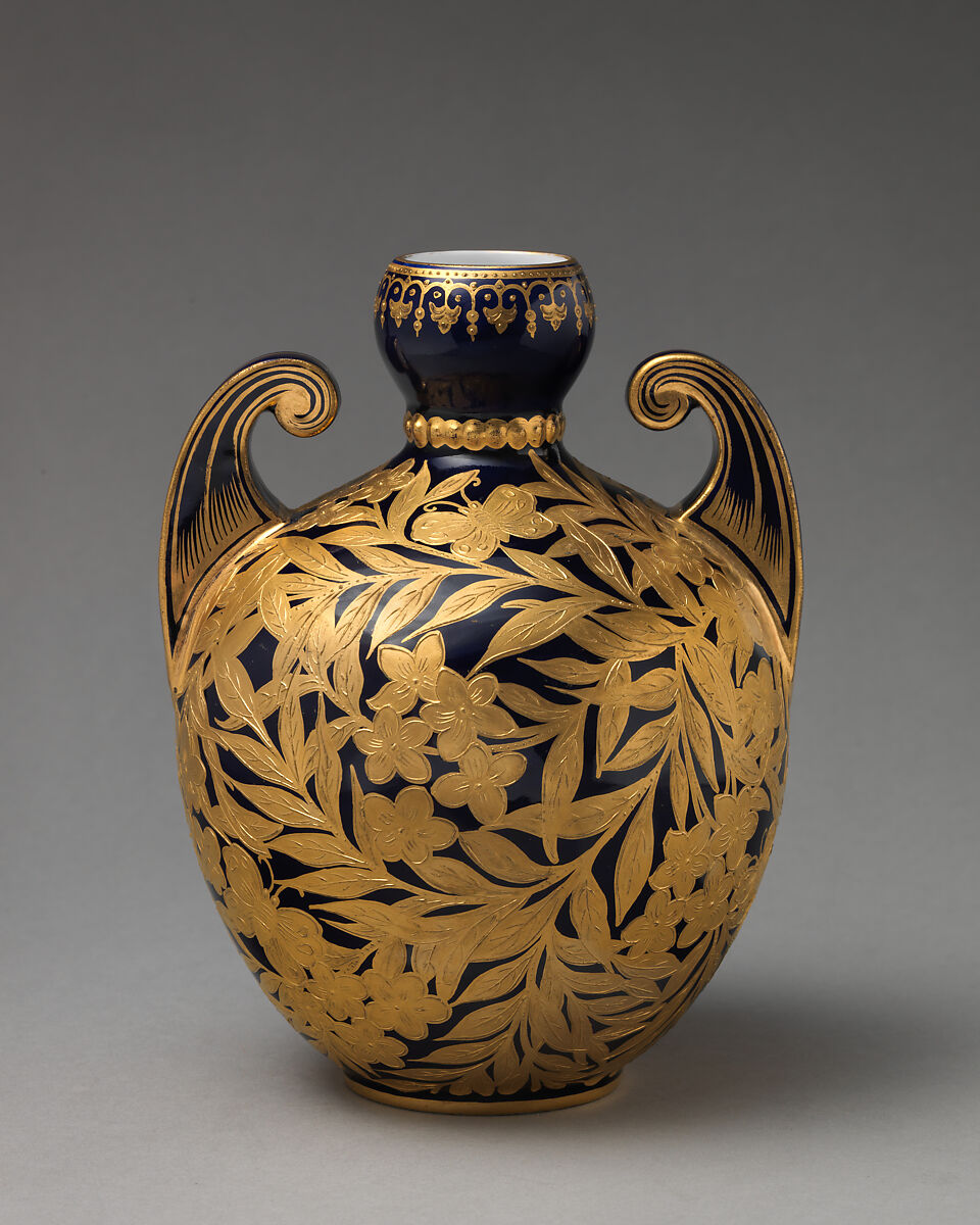 Vase with handles, Crown Derby (British, 1750–present), Bone china with enamel decoration and gilding, British, Derby 