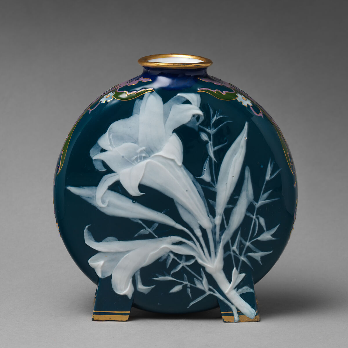 Moon flask with lily or floral motif (one of a pair), Minton(s) (British, Stoke-on-Trent, 1793–present), Bone china decorated with pâte-sur-pâte, enamel, and gilding, British, Stoke-on-Trent, Staffordshire 