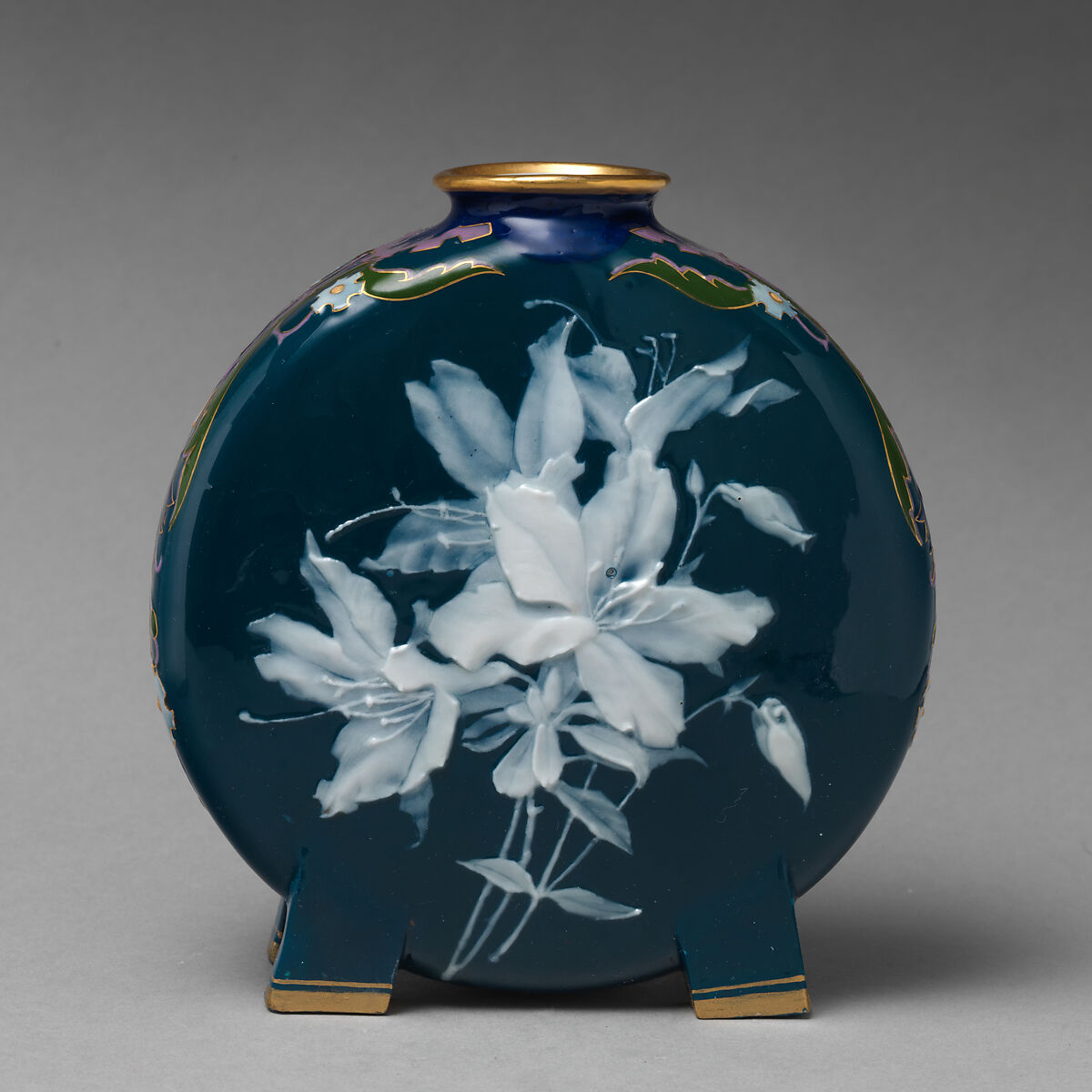 Moon flask with lily or floral motif (one of a pair), Minton(s) (British, Stoke-on-Trent, 1793–present), Bone china decorated with pâte-sur-pâte, enamel, and gilding, British, Stoke-on-Trent, Staffordshire