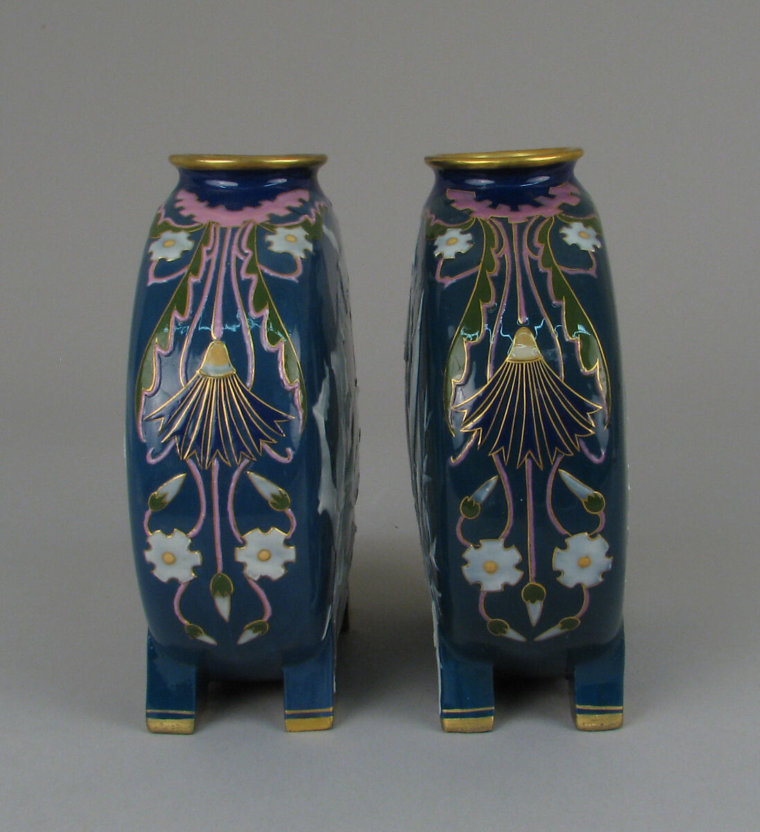 Moon flask with lily or floral motif (one of a pair), Minton(s) (British, Stoke-on-Trent, 1793–present), Bone china decorated with pâte-sur-pâte, enamel, and gilding, British, Stoke-on-Trent, Staffordshire