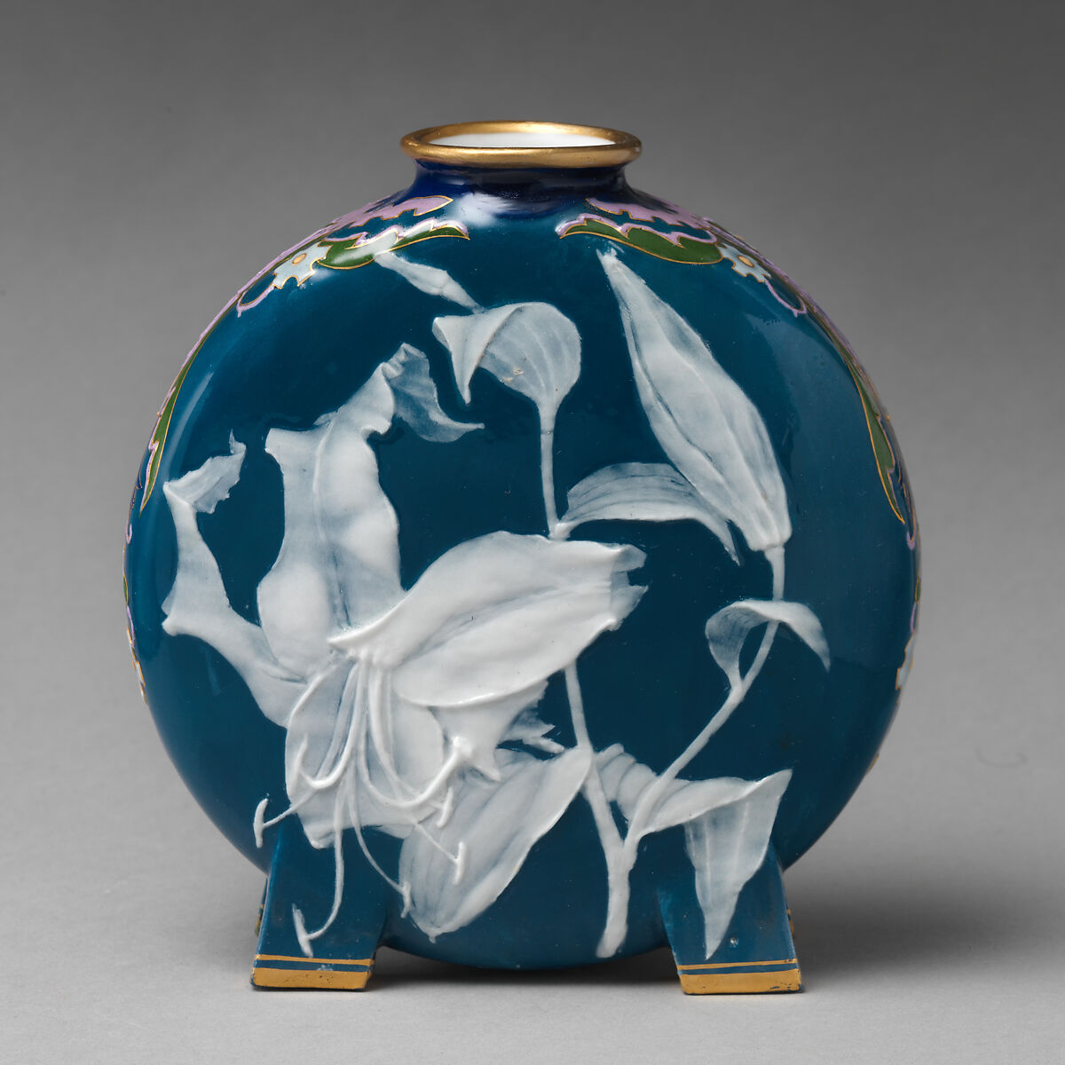 Moon flask with lily or floral motif (one of a pair), Minton(s) (British, Stoke-on-Trent, 1793–present), Bone china decorated with pâte-sur-pâte, enamel, and gilding, British, Stoke-on-Trent, Staffordshire