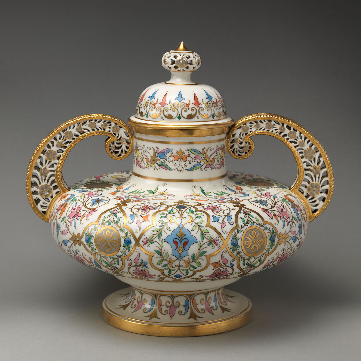 "Alhambra" vase with lid, Crown Derby (British, 1750–present), Porcelain with enamel decoration and gilding, British, Derby 
