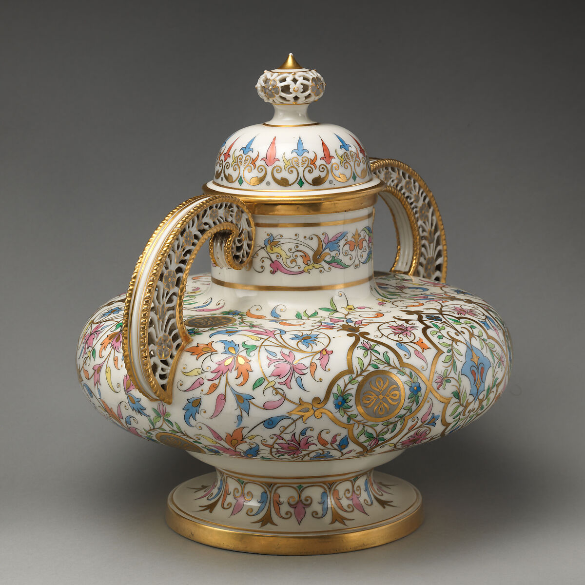 "Alhambra" vase with lid, Crown Derby (British, 1750–present), Porcelain with enamel decoration and gilding, British, Derby