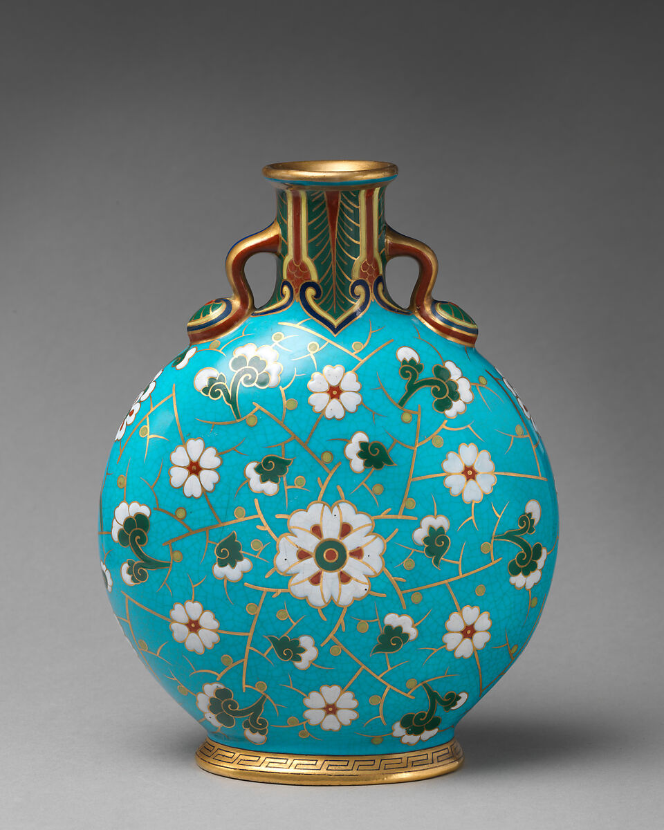 Moon flask with stylized floral decoration, Minton(s) (British, Stoke-on-Trent, 1793–present), Bone china with enamel decoration and gilding, British, Stoke-on-Trent, Staffordshire 