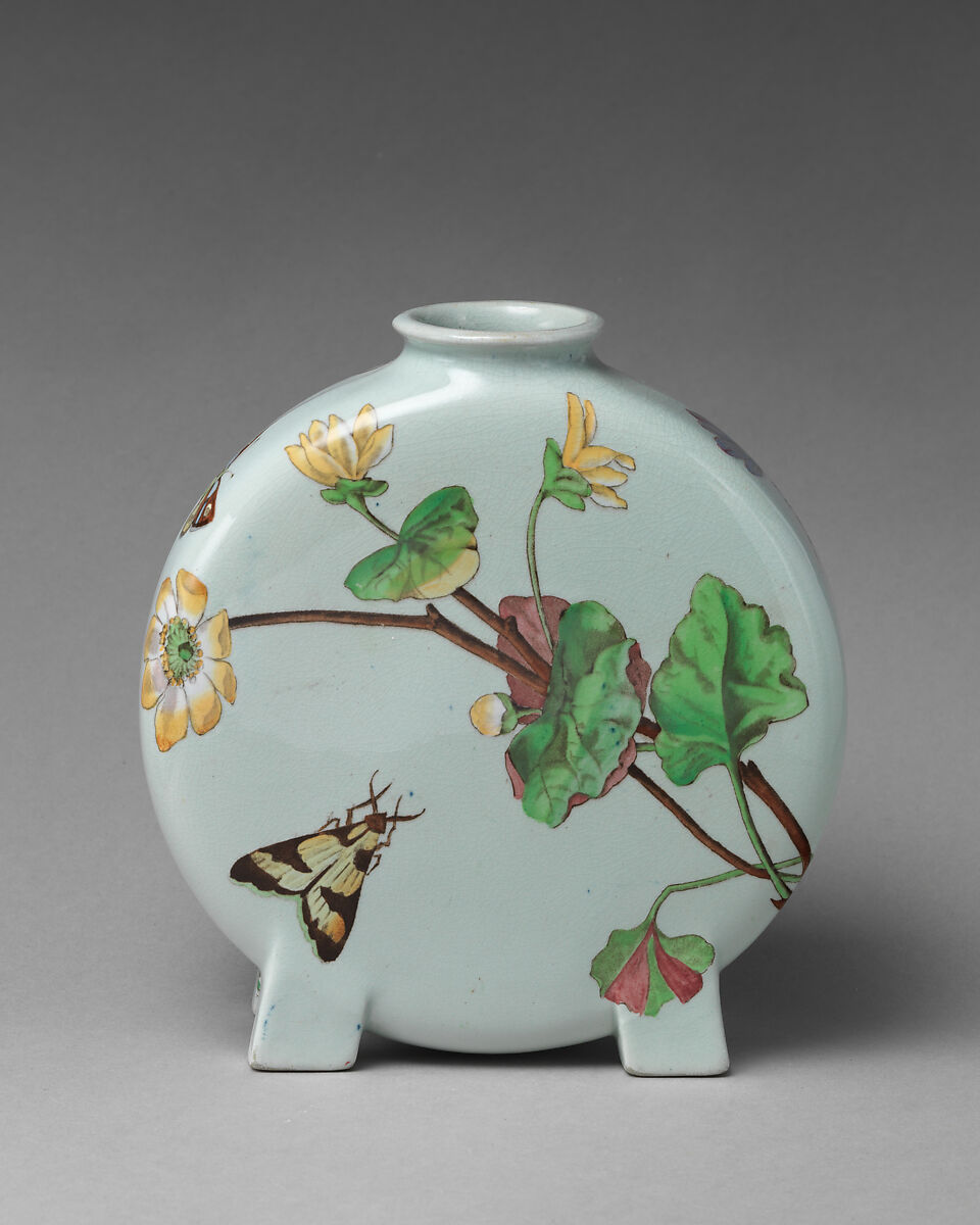 Pilgrim flask with botanical spray and butterfly, Minton(s) (British, Stoke-on-Trent, 1793–present), Earthenware, British, Stoke-on-Trent, Staffordshire 