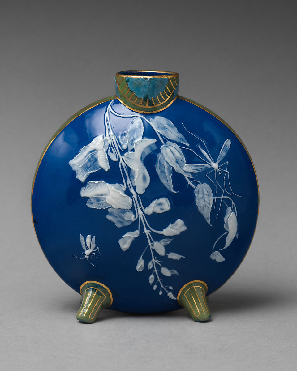 Moon flask with mosquito motif, Minton(s) (British, Stoke-on-Trent, 1793–present), Porcelain, decorated with pâte-sur-pâte technique, British, Stoke-on-Trent, Staffordshire 