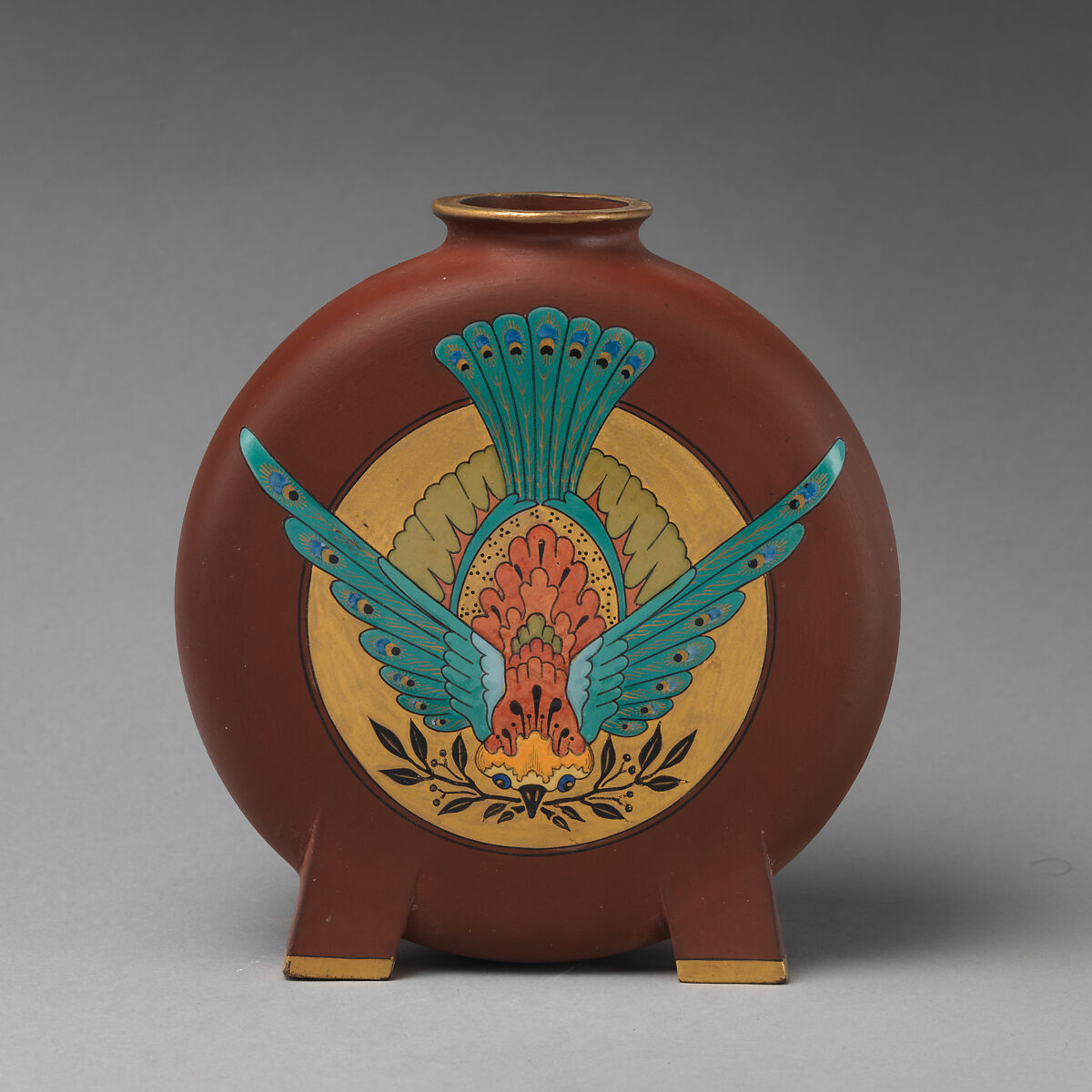 Moon flask with Aesthetic bird motif, Minton(s) (British, Stoke-on-Trent, 1793–present), Red stoneware, enamel, British, Stoke-on-Trent, Staffordshire 