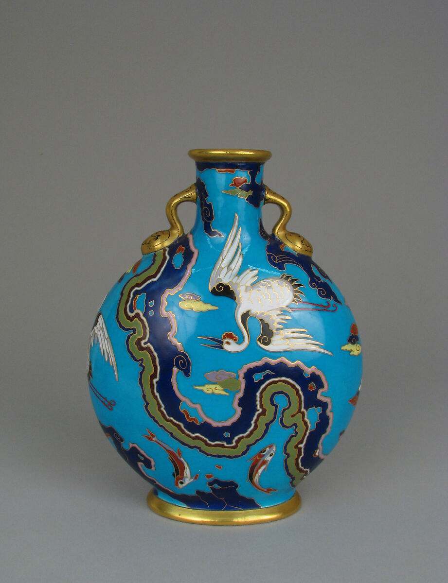 Moon flask with crane and fish motifs, Design attributed to Christopher Dresser (British, Glasgow, Scotland 1834–1904 Mulhouse), Bone china with enamel decoration and gilding, British, Stoke-on-Trent, Staffordshire
