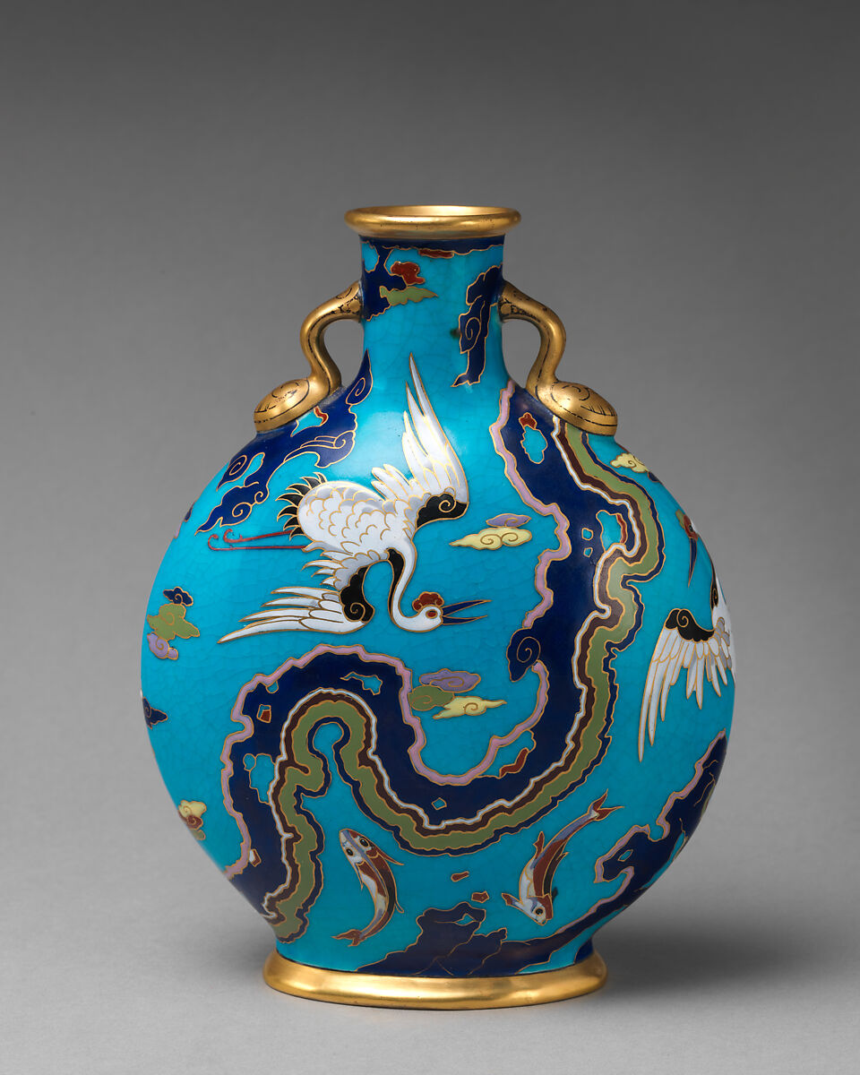 Moon flask with crane and fish motifs, Design attributed to Christopher Dresser (British, Glasgow, Scotland 1834–1904 Mulhouse), Bone china with enamel decoration and gilding, British, Stoke-on-Trent, Staffordshire 