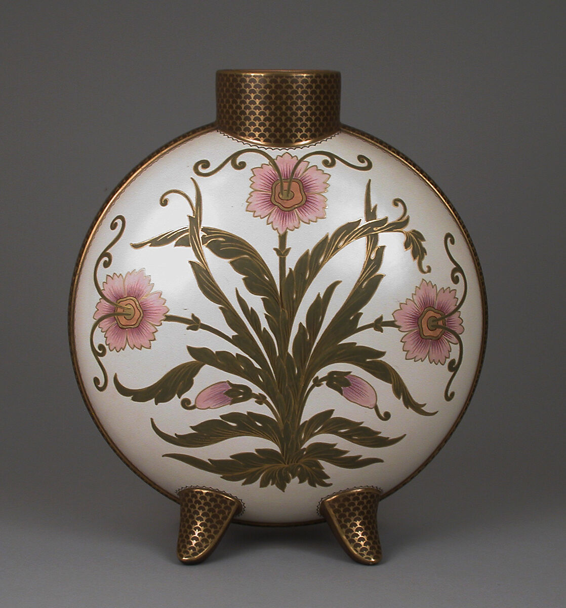 Moon flask with pink flower motif, Doulton Manufactory (British), Earthenware with enamel and gilding, British, Lambeth, London