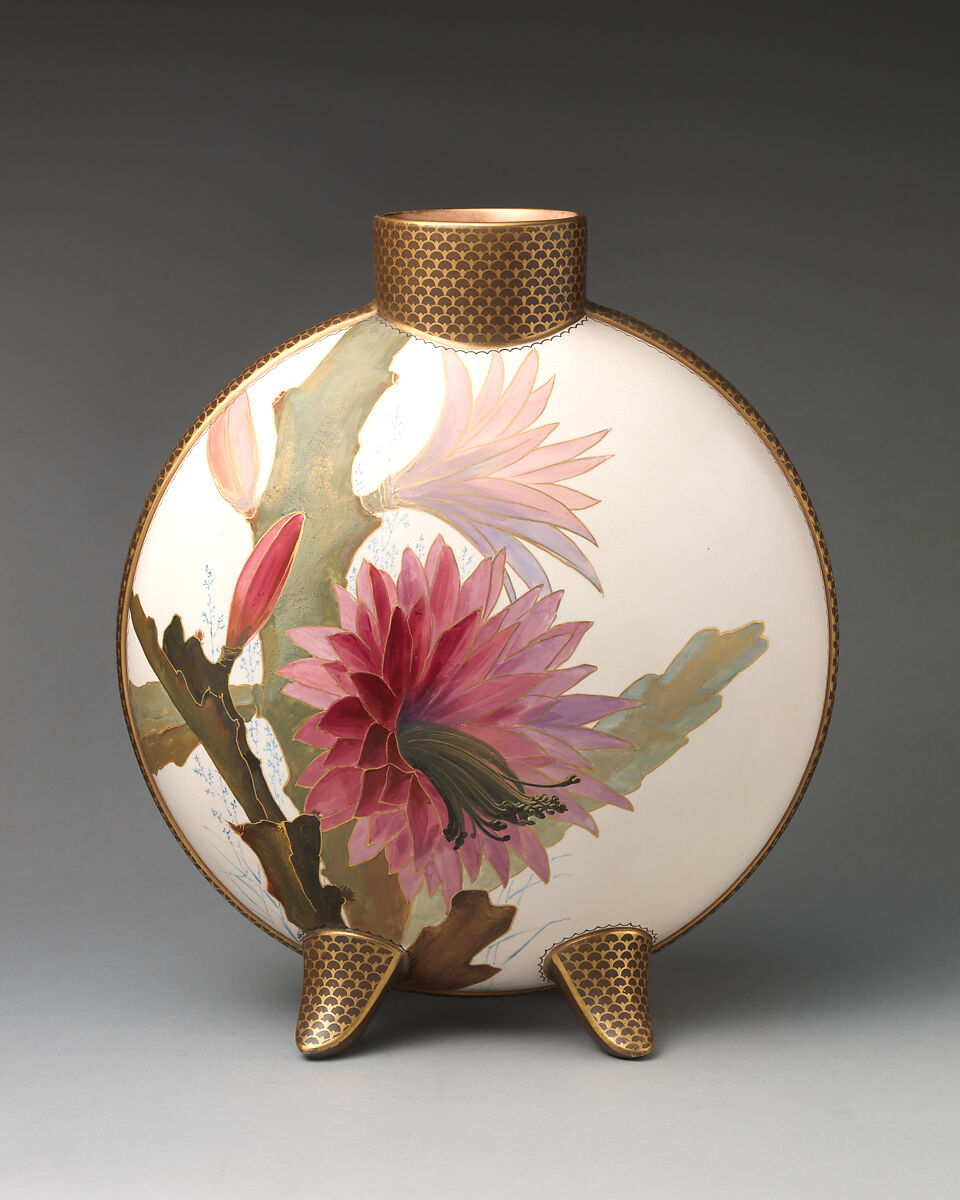 Moon flask with pink flower motif, Doulton Manufactory (British), Earthenware with enamel and gilding, British, Lambeth, London 