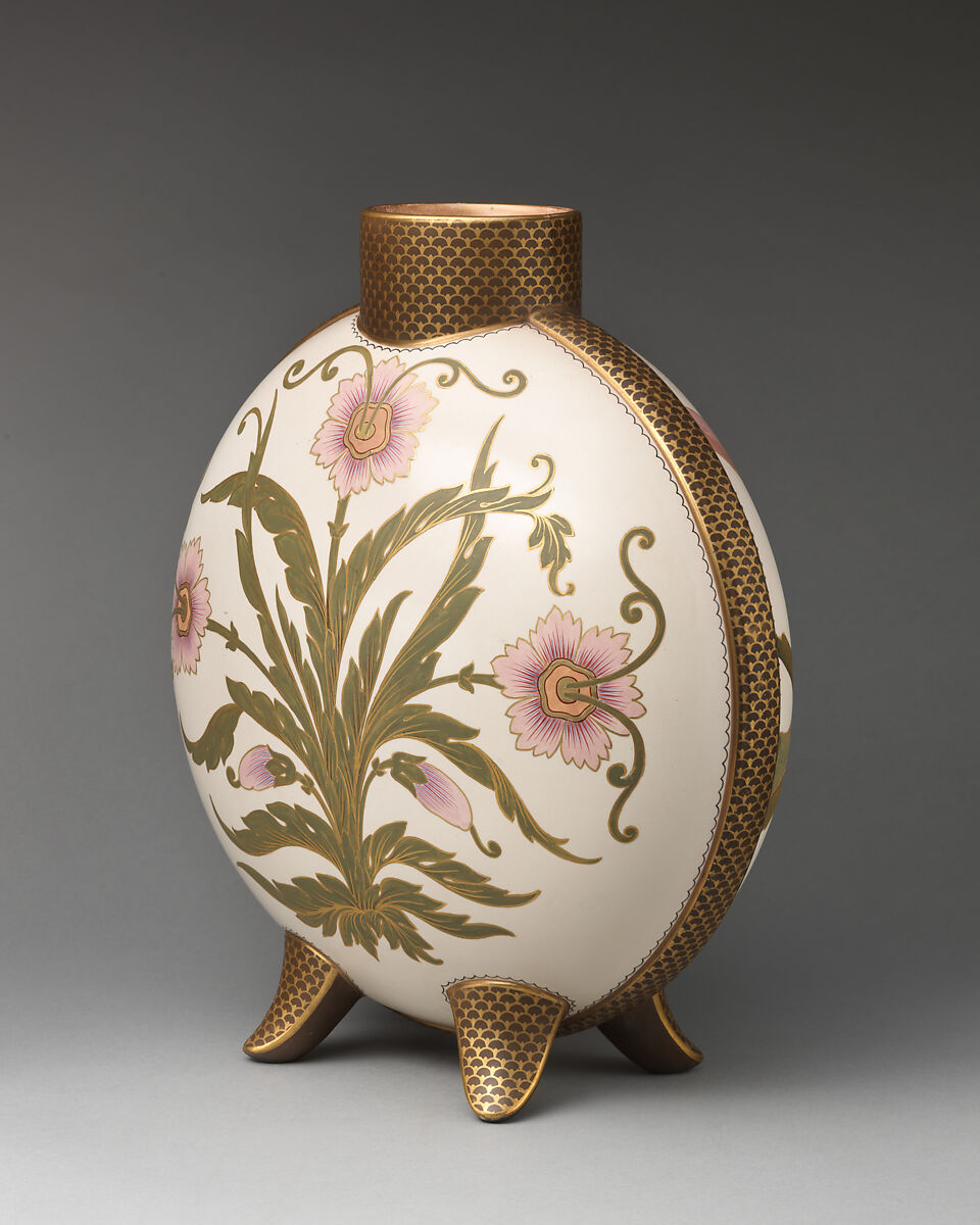 Moon flask with pink flower motif, Doulton Manufactory (British), Earthenware with enamel and gilding, British, Lambeth, London