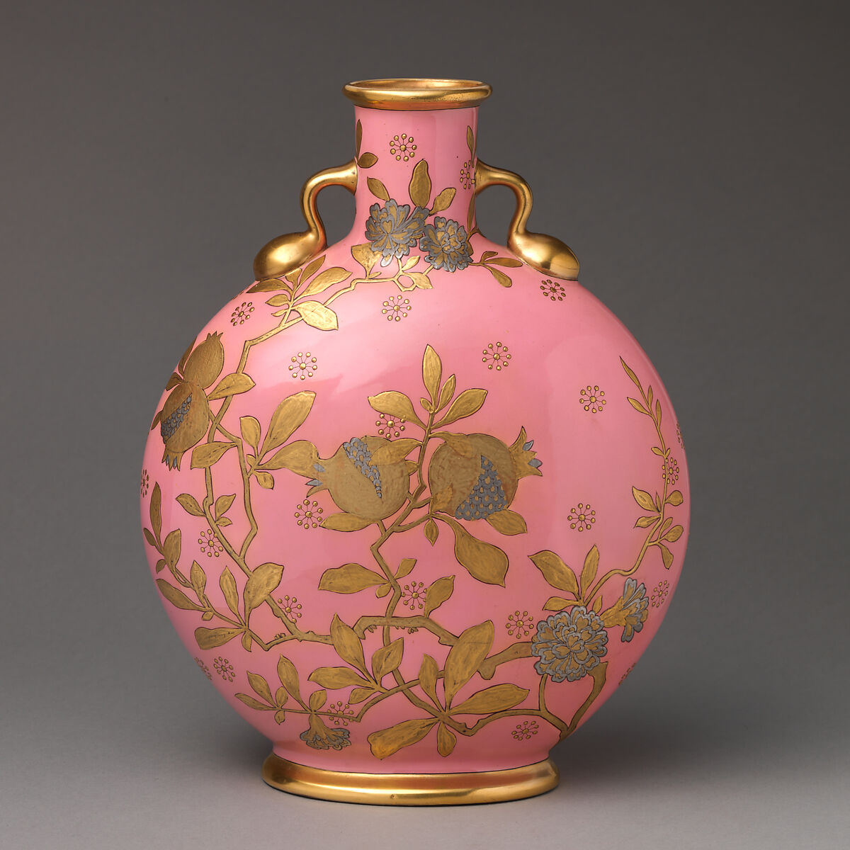Moon flask with gilt floral decoration on pink ground, Minton(s) (British, Stoke-on-Trent, 1793–present), Bone china, British, Stoke-on-Trent, Staffordshire 