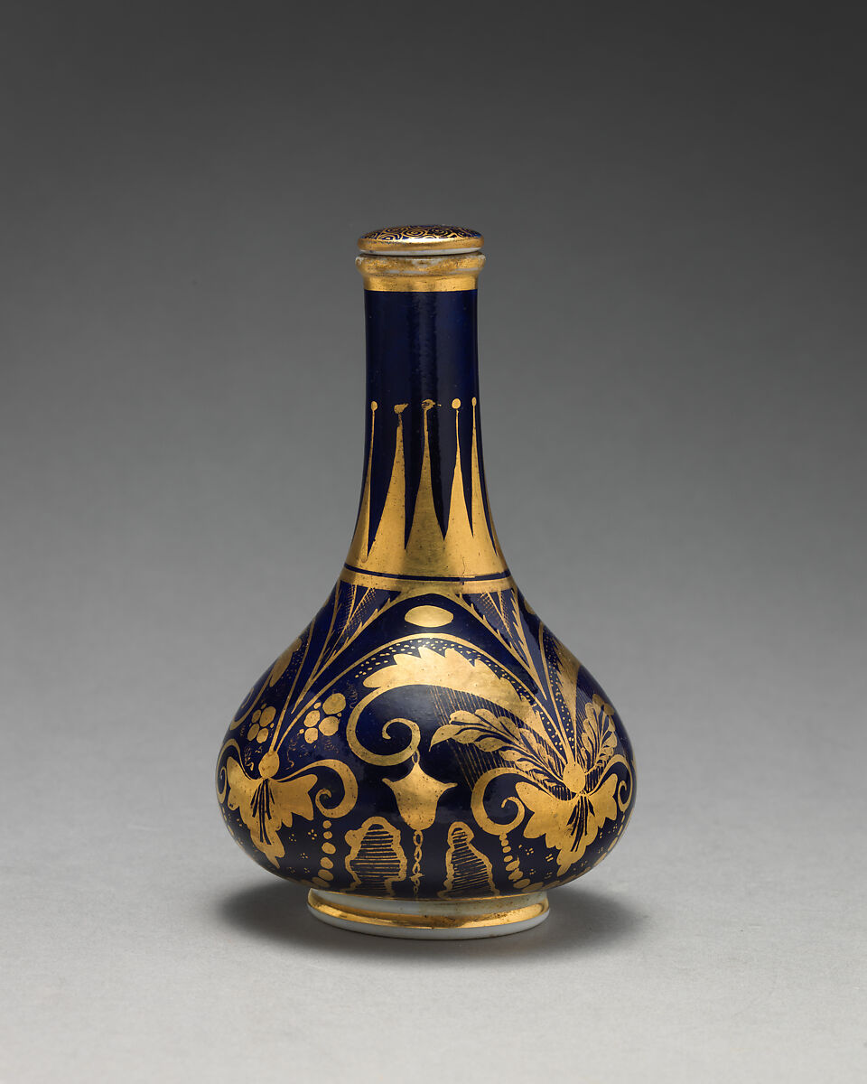 Bottle vase with stopper, Crown Derby (British, 1750–present), Bone china with enamel decoration and gilding, British, Derby 