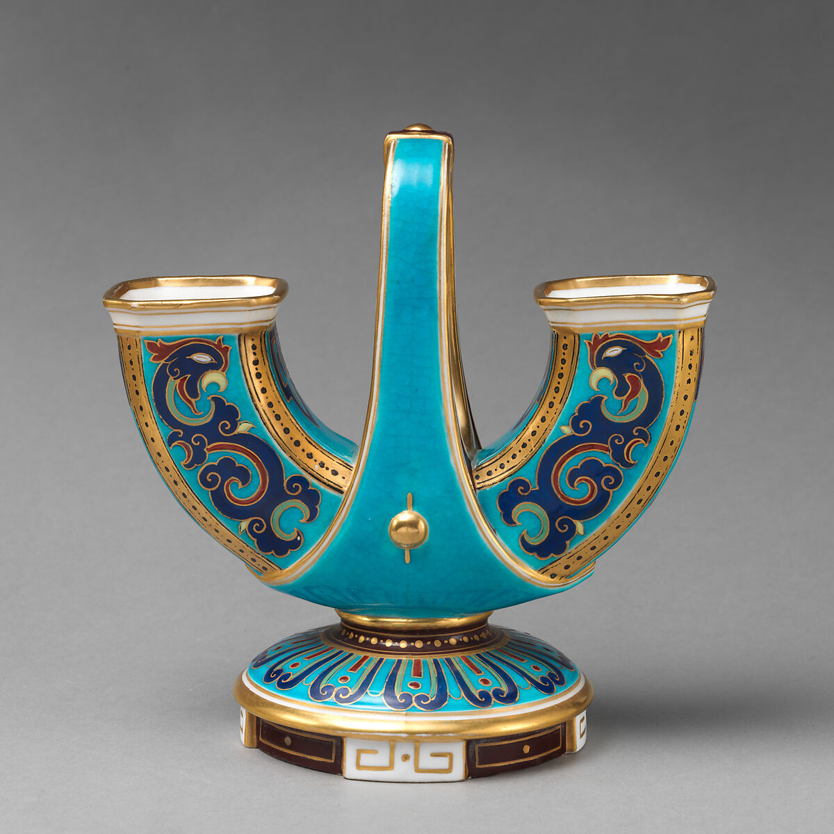 U-shaped vase with handle (one of a pair), Minton(s) (British, Stoke-on-Trent, 1793–present), Bone china, British, Stoke-on-Trent, Staffordshire 