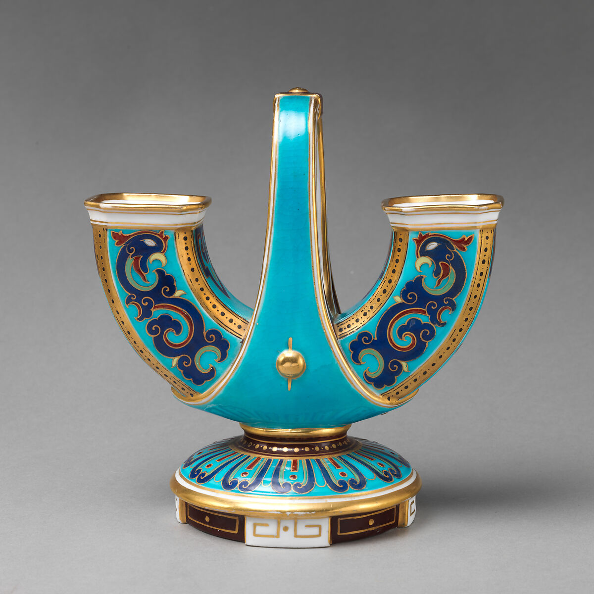 U-shaped vase with handle (one of a pair), Minton(s) (British, Stoke-on-Trent, 1793–present), Bone china, British, Stoke-on-Trent, Staffordshire 