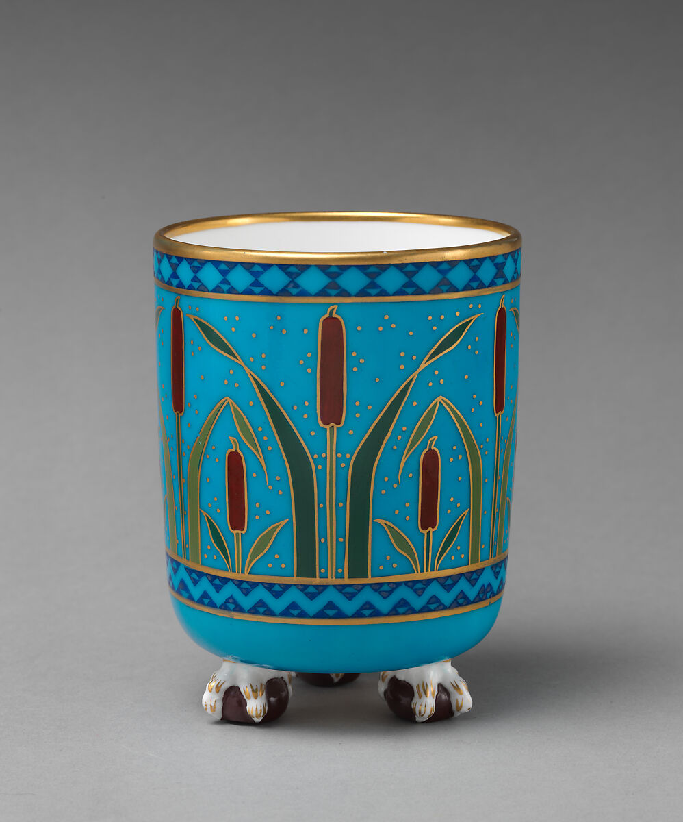 Cylindrical vase with cattail motif, Minton(s) (British, Stoke-on-Trent, 1793–present), Bone china, British, Stoke-on-Trent, Staffordshire 