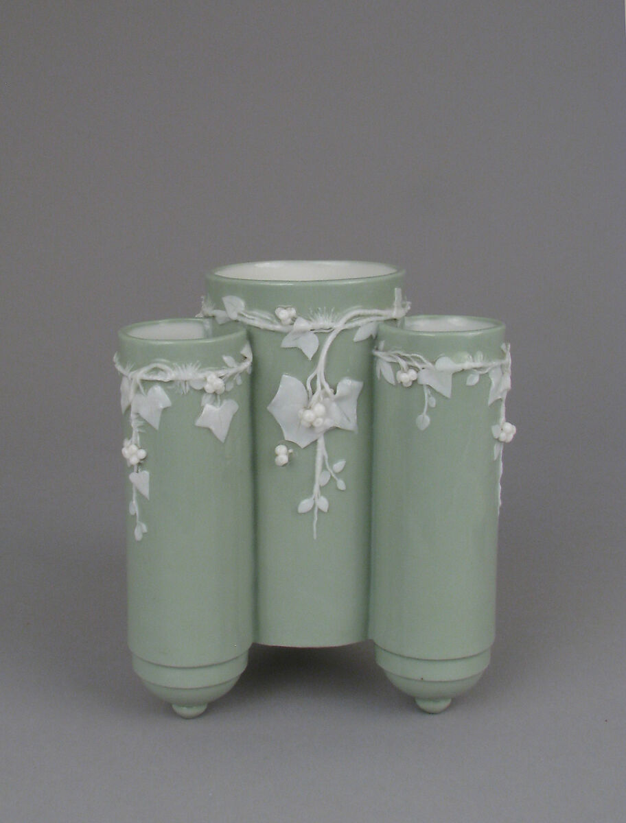 Triple cylindrical body vase with ivy motif, Minton(s) (British, Stoke-on-Trent, 1793–present), Bone china, British, Stoke-on-Trent, Staffordshire