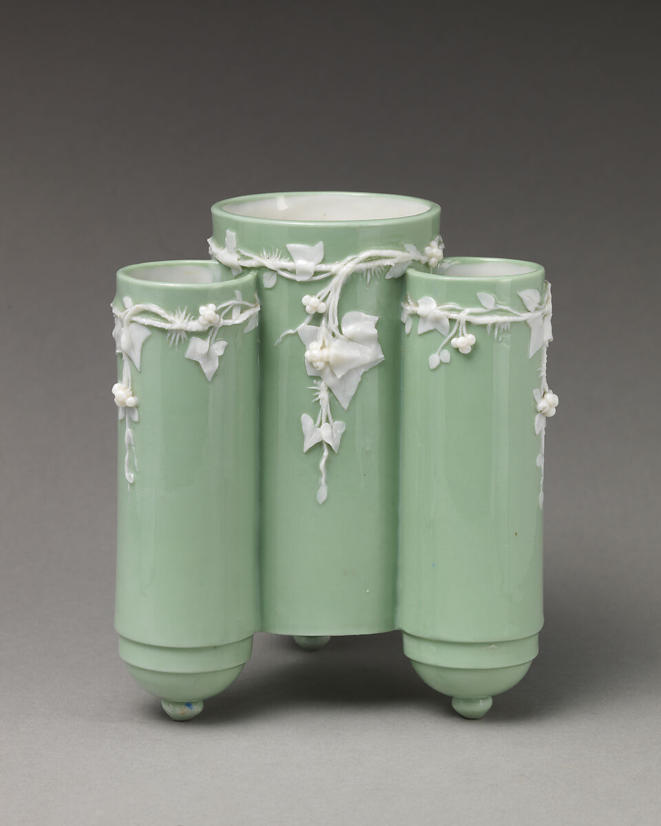 Triple cylindrical body vase with ivy motif, Minton(s) (British, Stoke-on-Trent, 1793–present), Bone china, British, Stoke-on-Trent, Staffordshire 