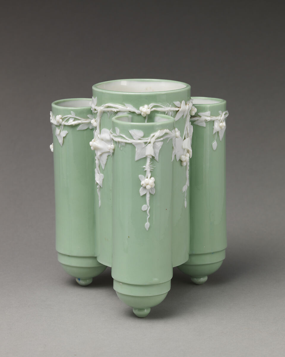 Triple cylindrical body vase with ivy motif, Minton(s) (British, Stoke-on-Trent, 1793–present), Bone china, British, Stoke-on-Trent, Staffordshire