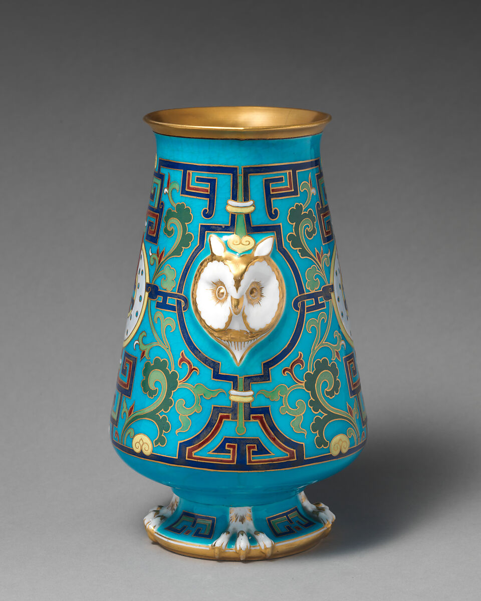Vase with owl heads and "cloisonné" decoration, Minton(s) (British, Stoke-on-Trent, 1793–present), Bone china, British, Stoke-on-Trent, Staffordshire 