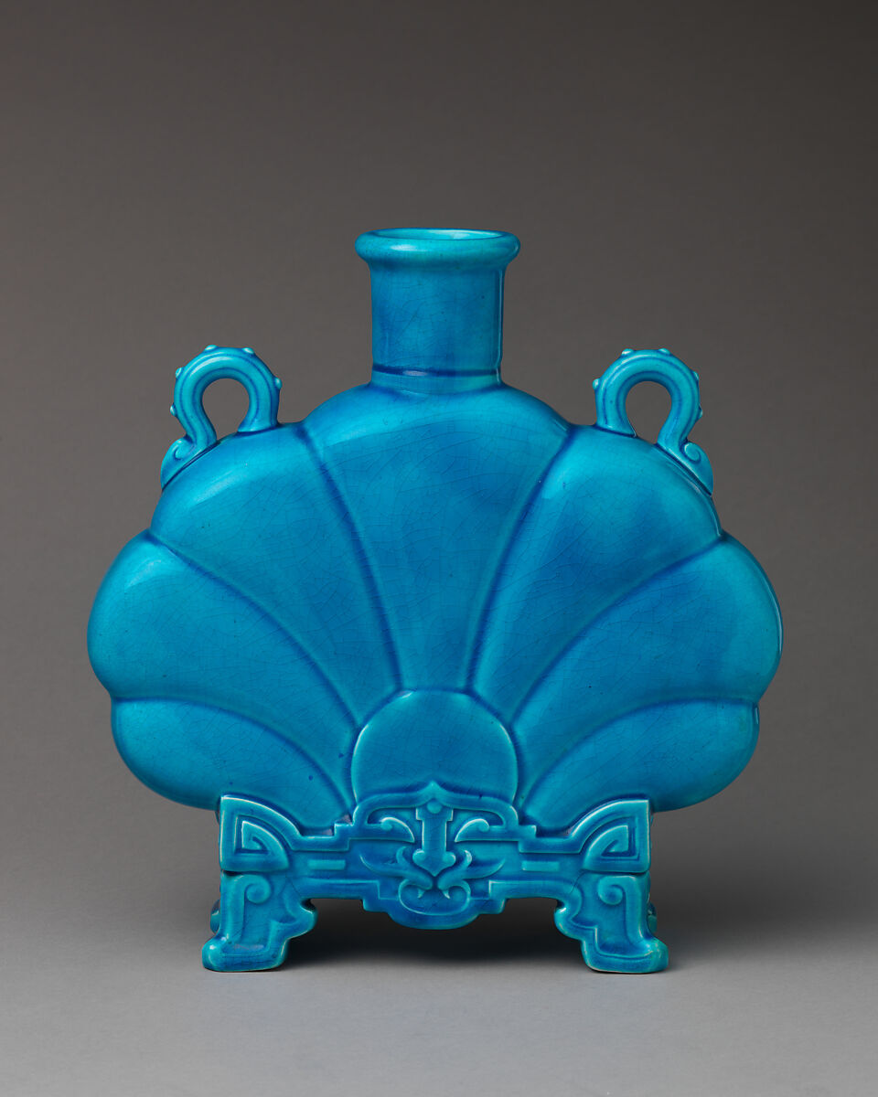 Fan-shape 'Persian' bottle with handles (one of a pair), Minton(s) (British, Stoke-on-Trent, 1793–present), Lead-glazed earthenware ("Minton's Majolica"), British, Stoke-on-Trent, Staffordshire 