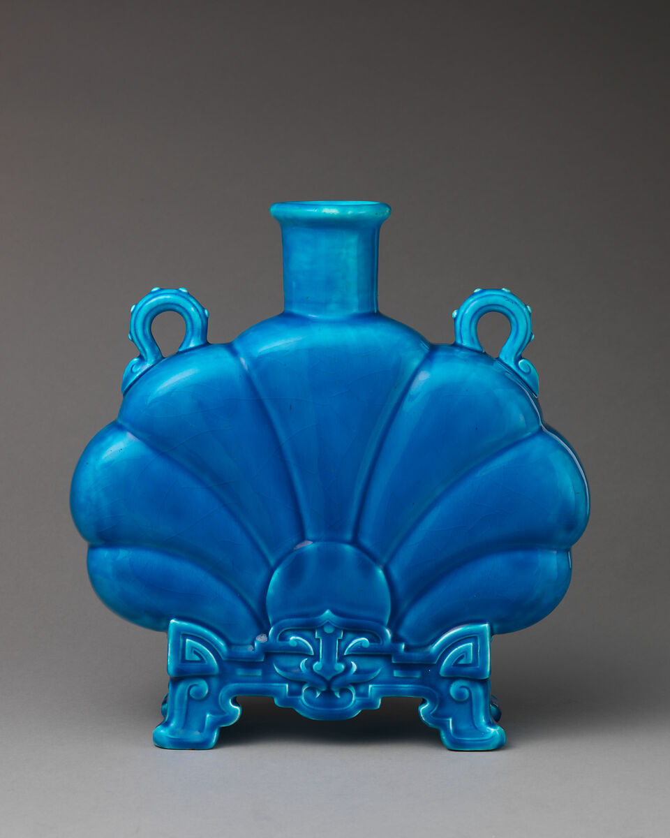 Fan-shape 'Persian' bottle with handles (one of a pair), Minton(s) (British, Stoke-on-Trent, 1793–present), Lead-glazed earthenware, British, Stoke-on-Trent, Staffordshire 