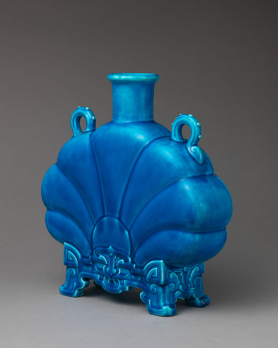 Fan-shape 'Persian' bottle with handles (one of a pair), Minton(s) (British, Stoke-on-Trent, 1793–present), Lead-glazed earthenware, British, Stoke-on-Trent, Staffordshire