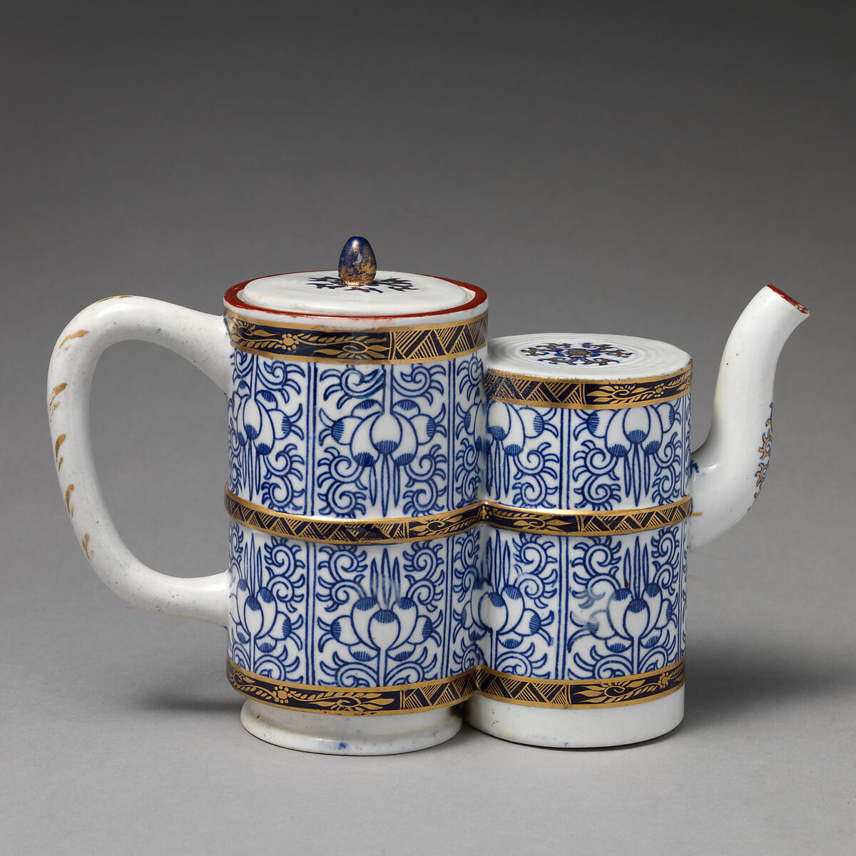 Teapot with double bamboo body, Worcester factory (British, 1751–2008), Porcelain with underglaze blue and gilding, British, Worcester