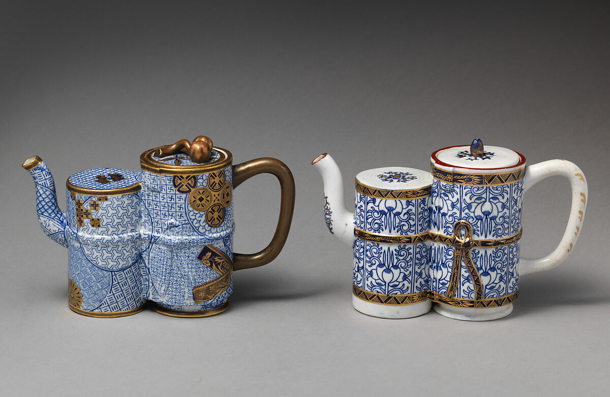 Teapot with double bamboo body, Worcester factory (British, 1751–2008), Porcelain with underglaze blue and gilding, British, Worcester