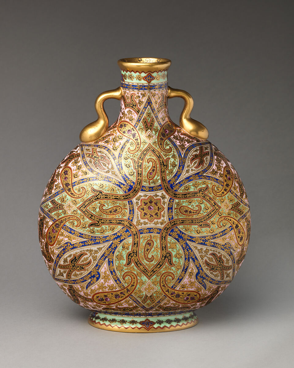 Moon flask with paisley motif, Coalport (British, ca. 1799–1926), Bone china with enamel decoration and gilding, British, Coalport