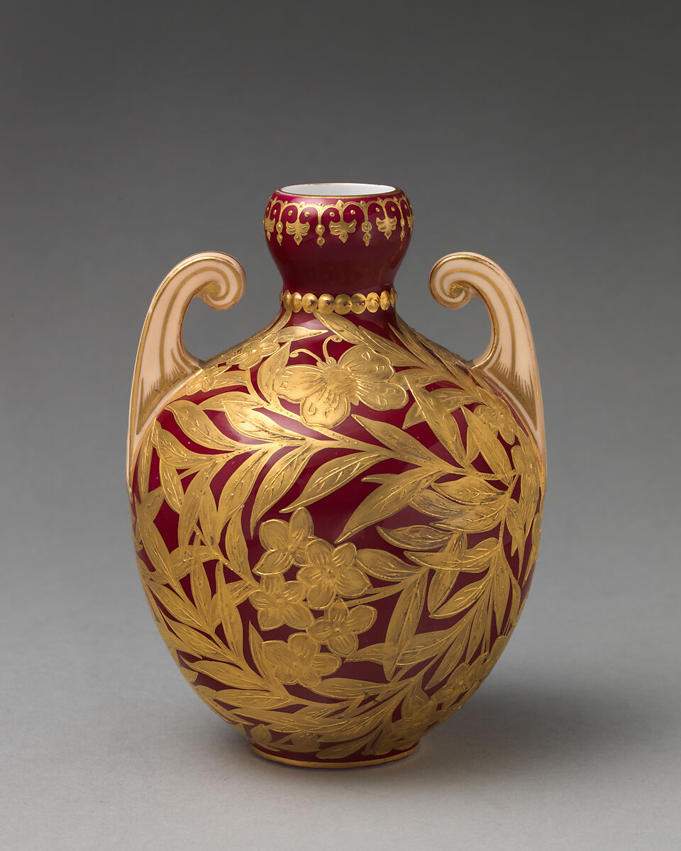 Vase with handles, Crown Derby (British, 1750–present), Bone china with enamel decoration and gilding, British, Derby 