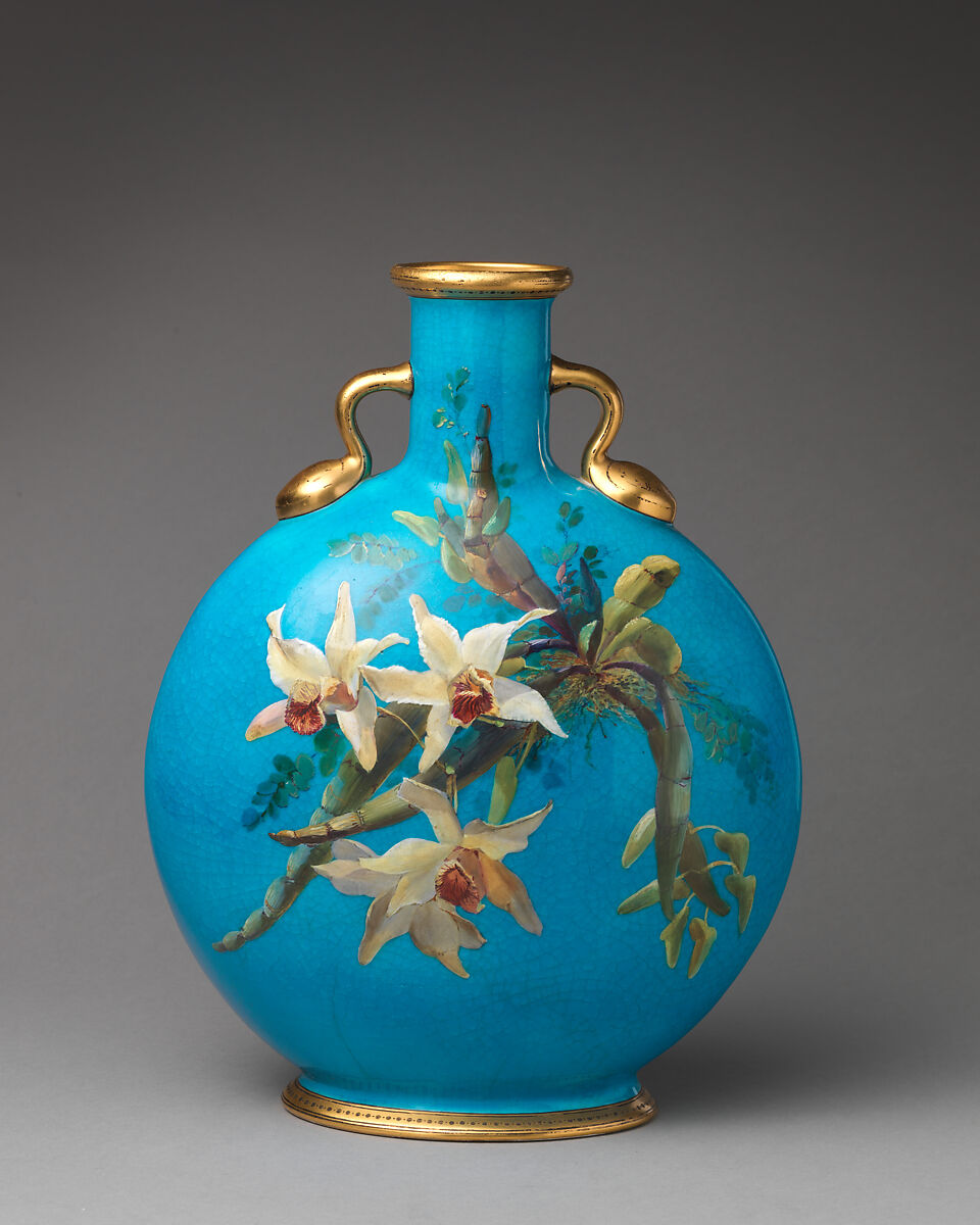 Moon flask with orchids, Minton(s) (British, Stoke-on-Trent, 1793–present), Bone china, British, Stoke-on-Trent, Staffordshire 