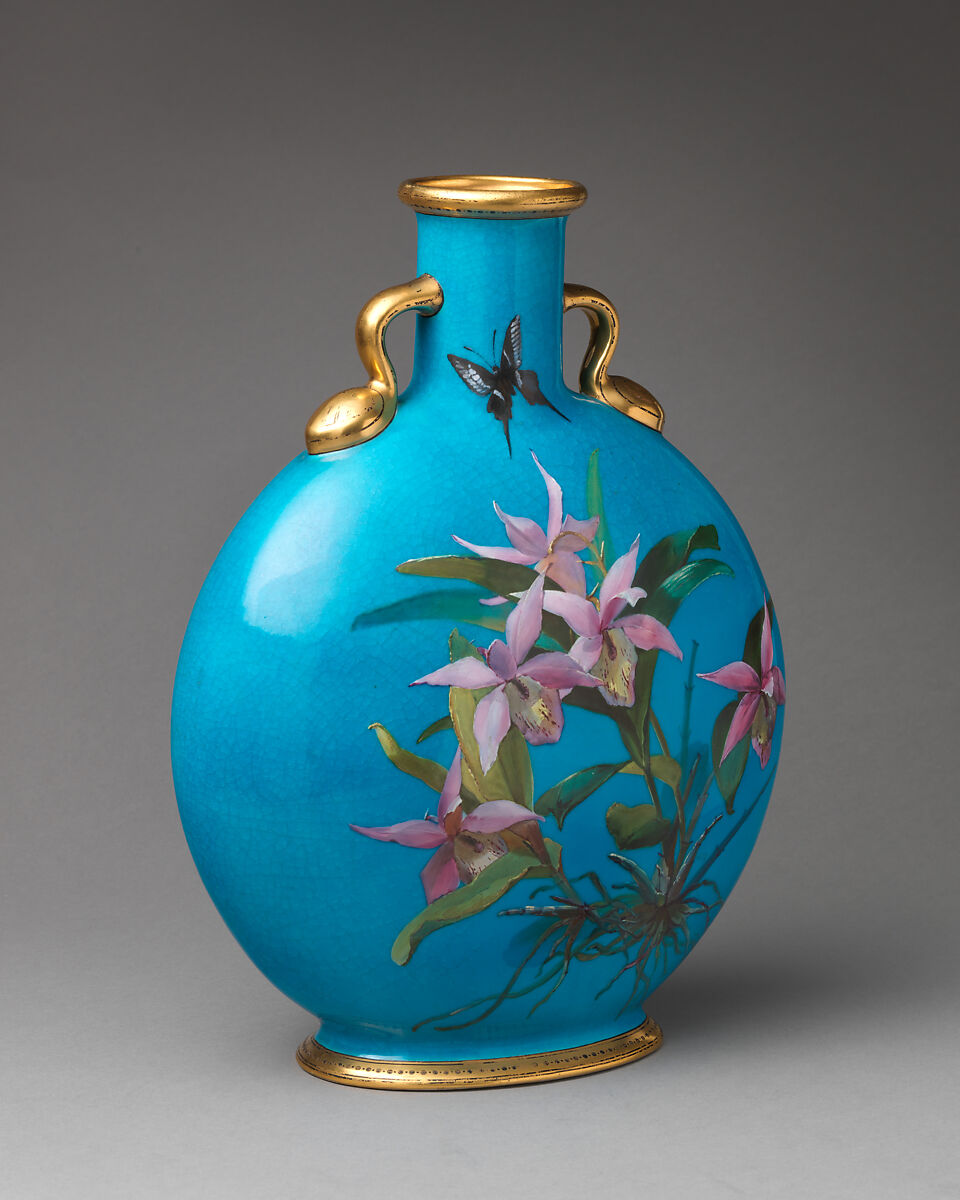 Moon flask with orchids, Minton(s) (British, Stoke-on-Trent, 1793–present), Bone china, British, Stoke-on-Trent, Staffordshire