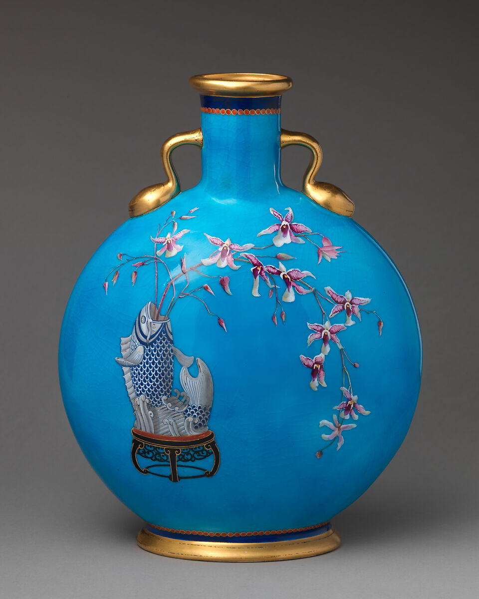 Moon flask with fish vase holding orchid spray, Minton(s) (British, Stoke-on-Trent, 1793–present), Bone china, British, Stoke-on-Trent, Staffordshire 
