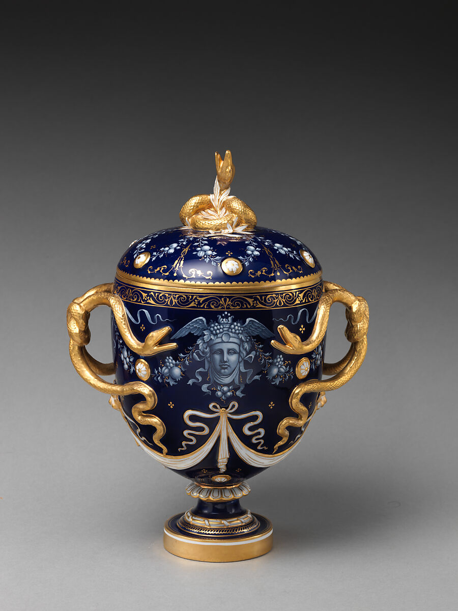 Lidded vase with Medusa decoration and snake handles, Minton(s) (British, Stoke-on-Trent, 1793–present), Bone china, British, Stoke-on-Trent, Staffordshire 