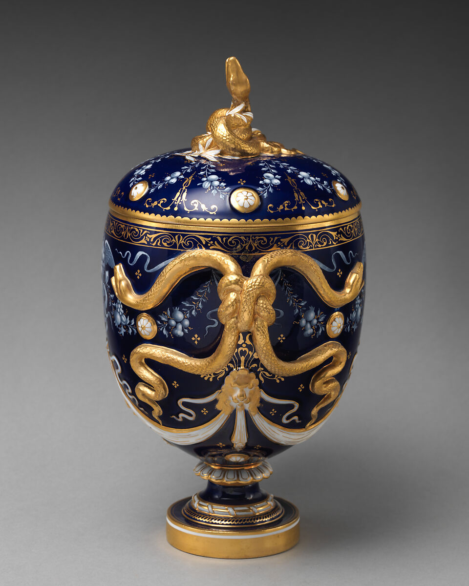 Lidded vase with Medusa decoration and snake handles, Minton(s) (British, Stoke-on-Trent, 1793–present), Bone china, British, Stoke-on-Trent, Staffordshire