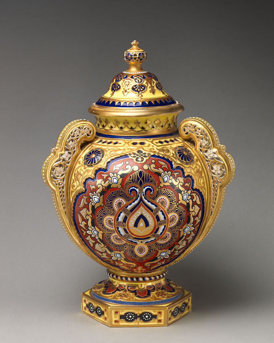 "Alhambra" vase with lid, Crown Derby (British, 1750–present), Bone china with enamel decoration and gilding, British, Derby 